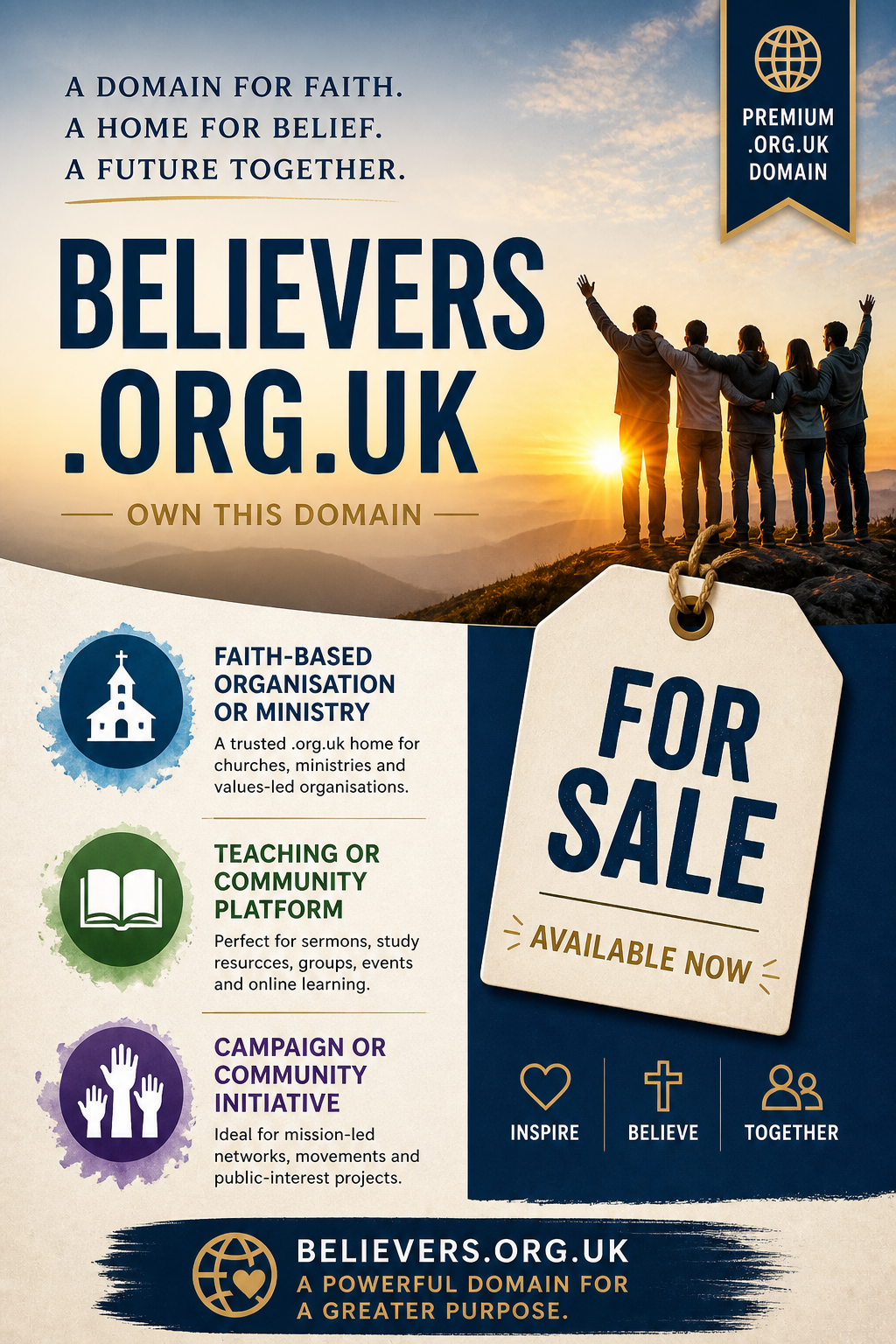 Promotional graphic featuring the domain believers.org.uk, shown with sunrise and community figures. Style: uplifting, inspirational