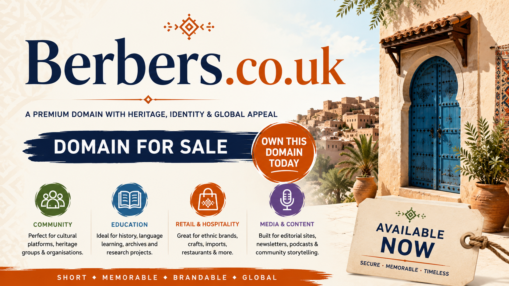 Promotional graphic featuring the domain Berbers.co.uk, shown with cultural motifs and community network icons. Style: bright modern branding.