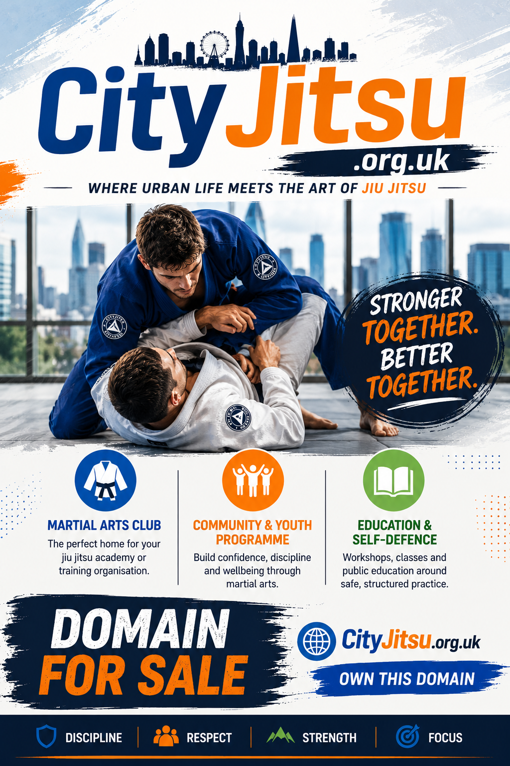 Promotional banner featuring the domain CityJitsu.org.uk with urban jiu jitsu athletes and city skyline. Style: modern, energetic.