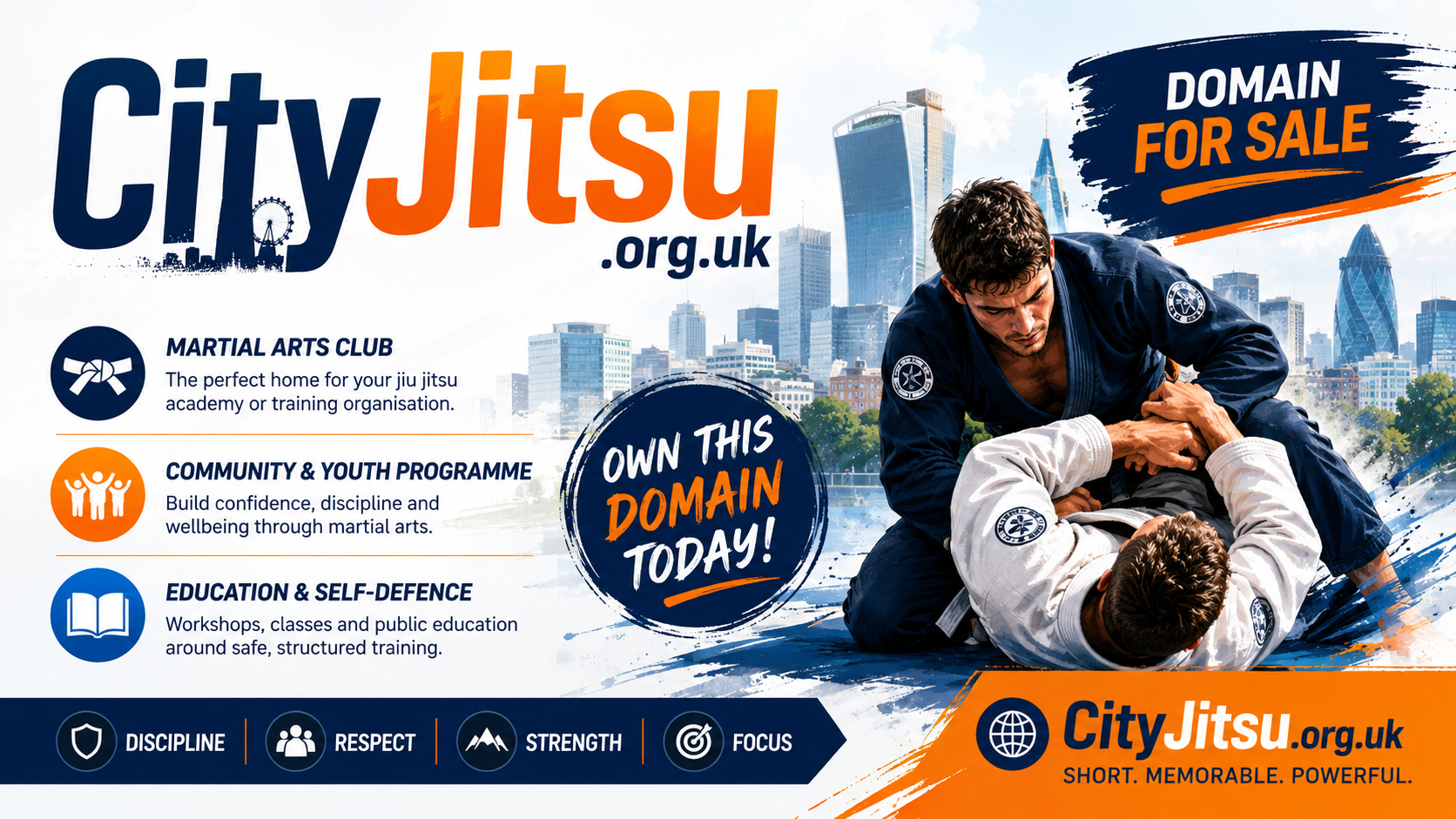 Promotional banner featuring the domain CityJitsu.org.uk with urban jiu jitsu athletes and city skyline. Style: modern, energetic.