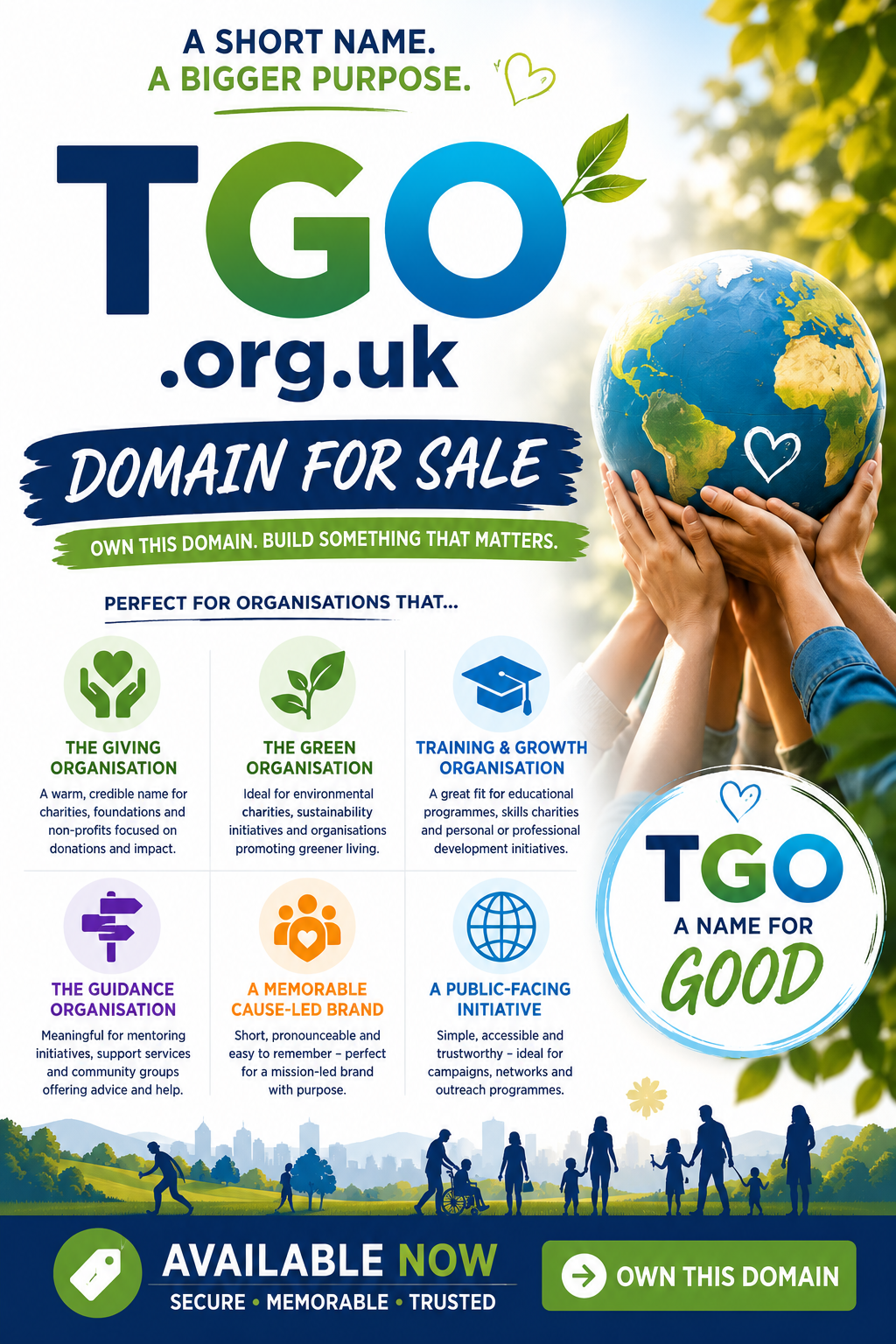 Landscape promotional graphic featuring the domain tgo.org.uk with charity, education and eco-themed visuals. Style: bright modern nonprofit branding.
