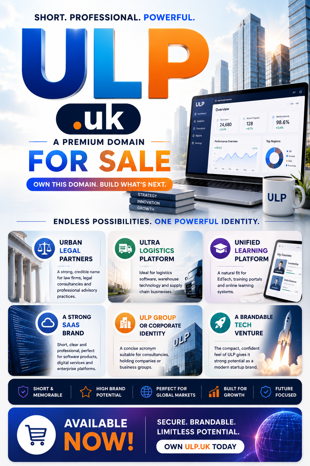 Promotional graphic for ULP.uk with legal scales, analytics dashboards and corporate branding. Style: bright modern enterprise.